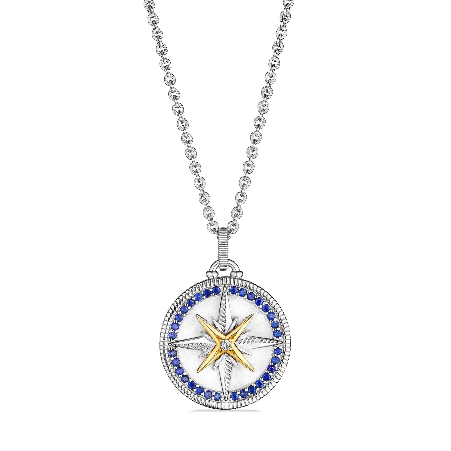 Little Luxuries Long North Star Medallion Necklace with Blue Sapphire, Diamonds and 18K Gold