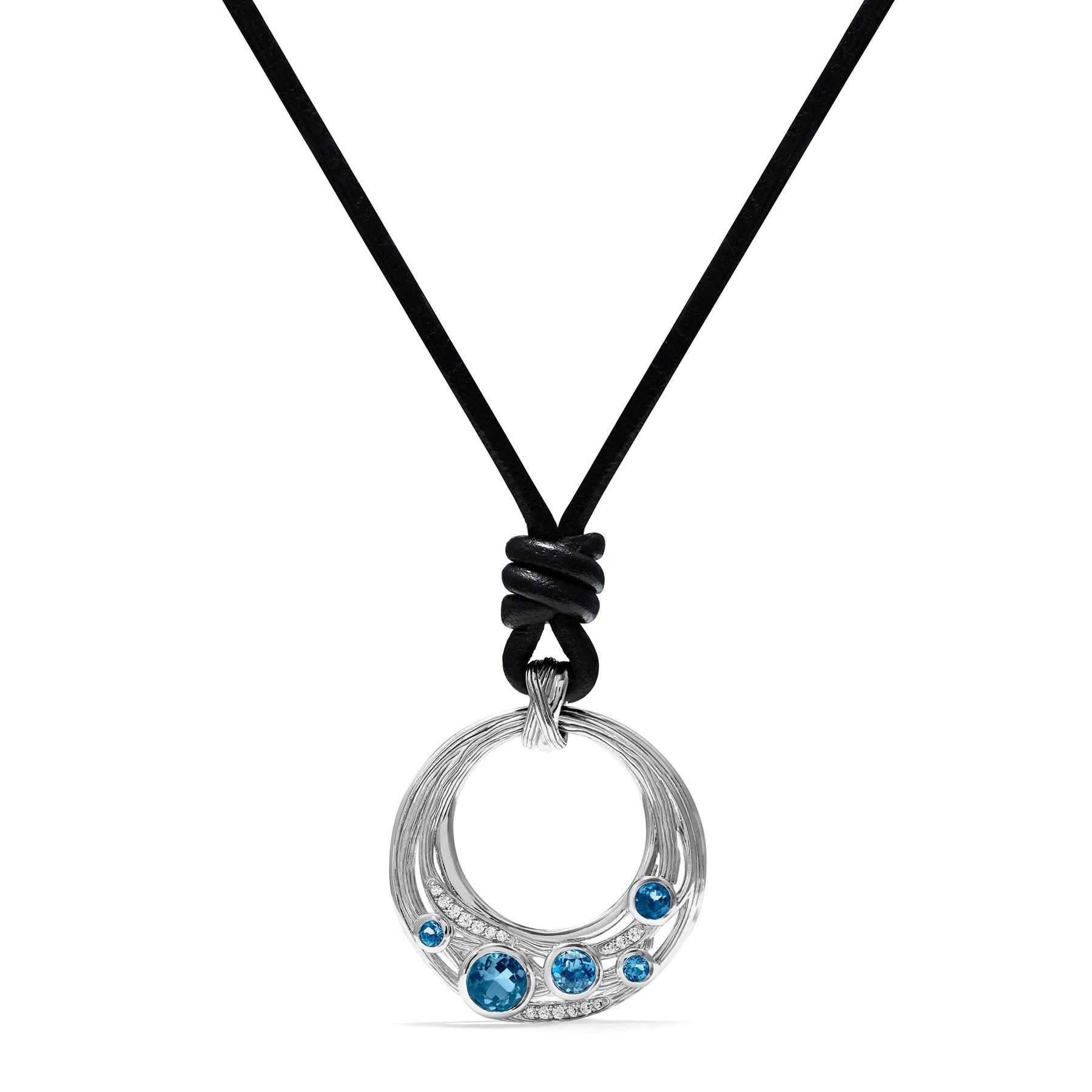 Santorini Long Black Leather Cord Necklace with London Blue Topaz and Diamonds