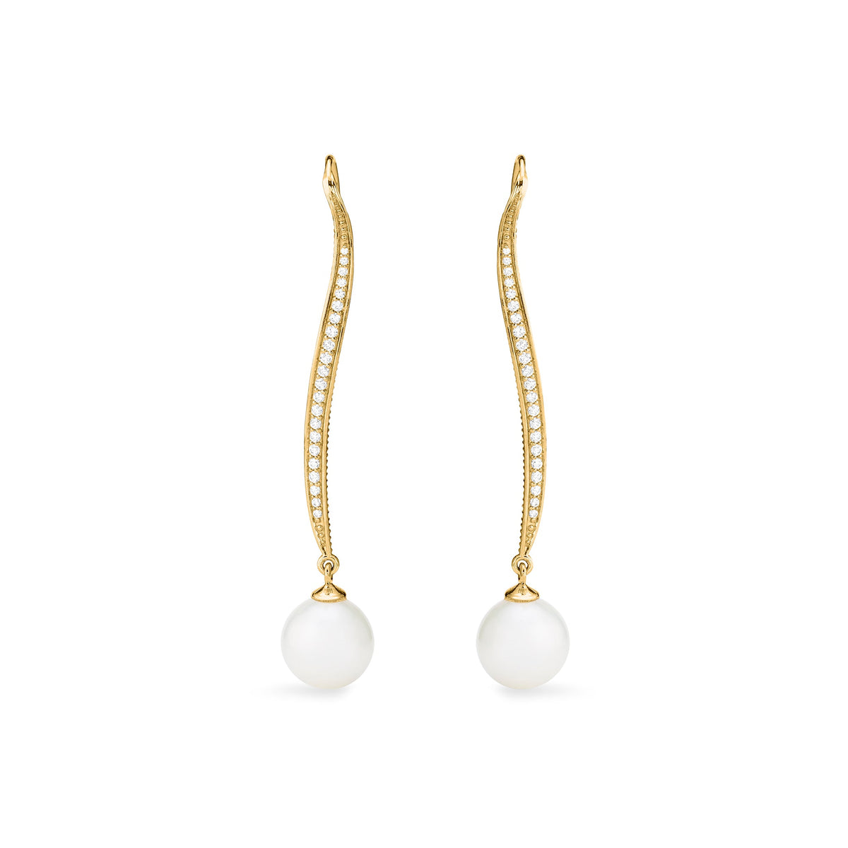 Shima Long Drop Earrings with Freshwater Pearls and Diamonds in 18K
