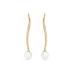 Shima Long Drop Earrings with Freshwater Pearls and Diamonds in 18K
