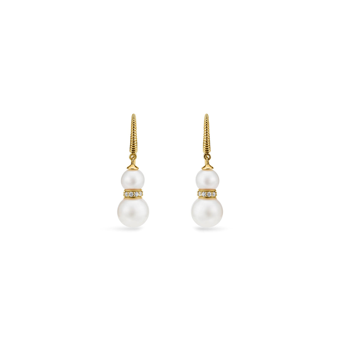 Shima Double Drop Earrings with Freshwater Pearls and Diamonds in 18K