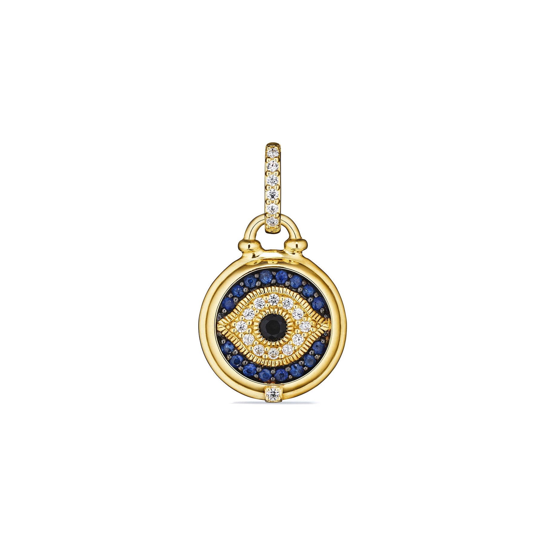 Little Luxuries Evil Eye Medallion with Black Sapphire, Blue Sapphire and Diamonds in 18K