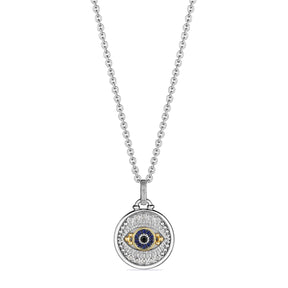Little Luxuries Evil Eye Medallion Necklace with Black Sapphire, Blue Sapphire, Diamonds and 18K Gold