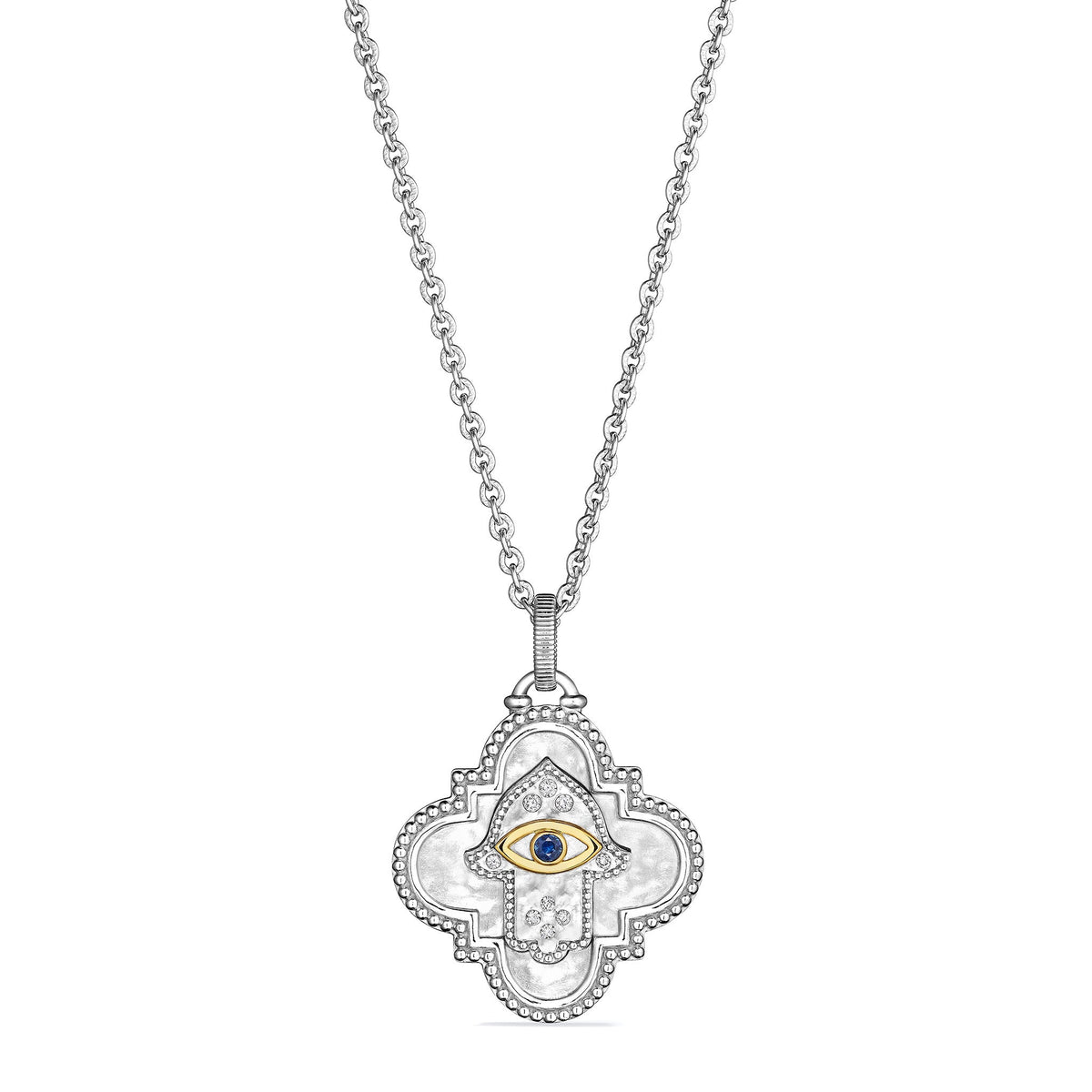 Little Luxuries Long Quatrefoil Hamsa Medallion Necklace with Blue Sapphire, Diamonds and 18K Gold