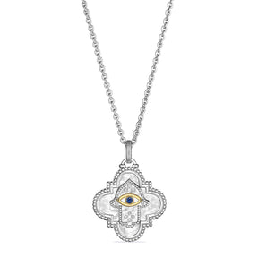 Little Luxuries Long Quatrefoil Hamsa Medallion Necklace with Blue Sapphire, Diamonds and 18K Gold