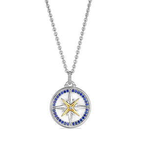 Little Luxuries Long North Star Medallion Necklace with Blue Sapphire, Diamonds and 18K Gold