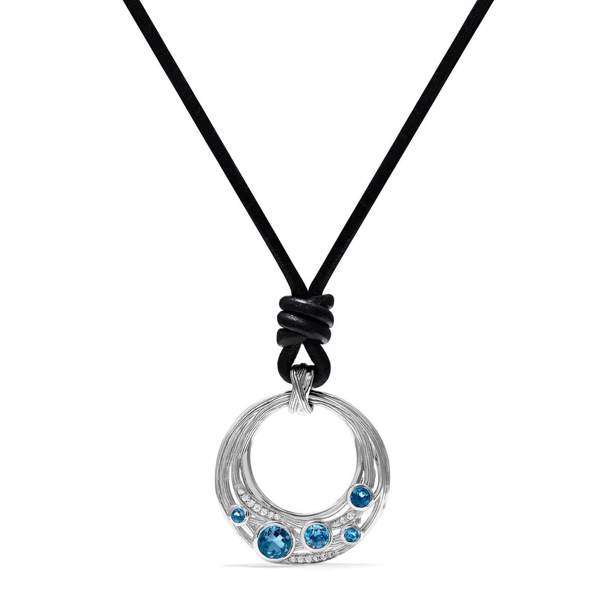 Santorini Long Black Leather Cord Necklace with London Blue Topaz and Diamonds