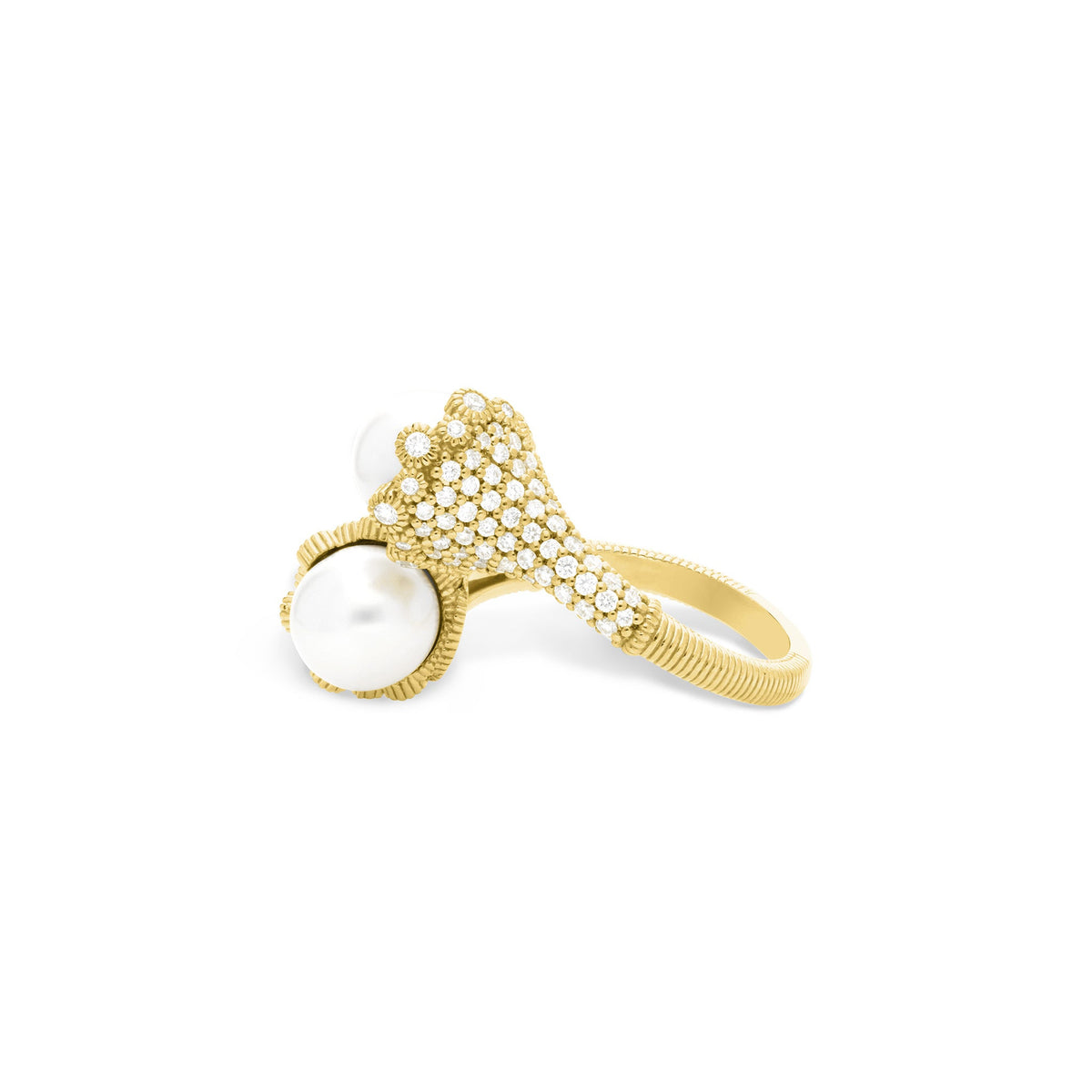 Paloma Bypass Ring with Freshwater Pearls and Diamonds in 18K