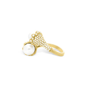 Paloma Bypass Ring with Freshwater Pearls and Diamonds in 18K