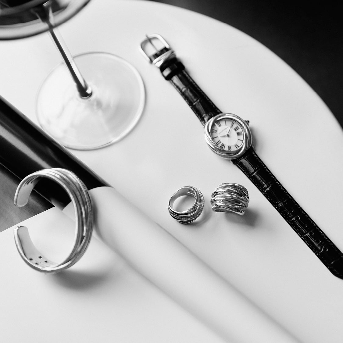 Eternity Watch with Mother of Pearl, Sapphire and Midnight Genuine Crocodile Strap