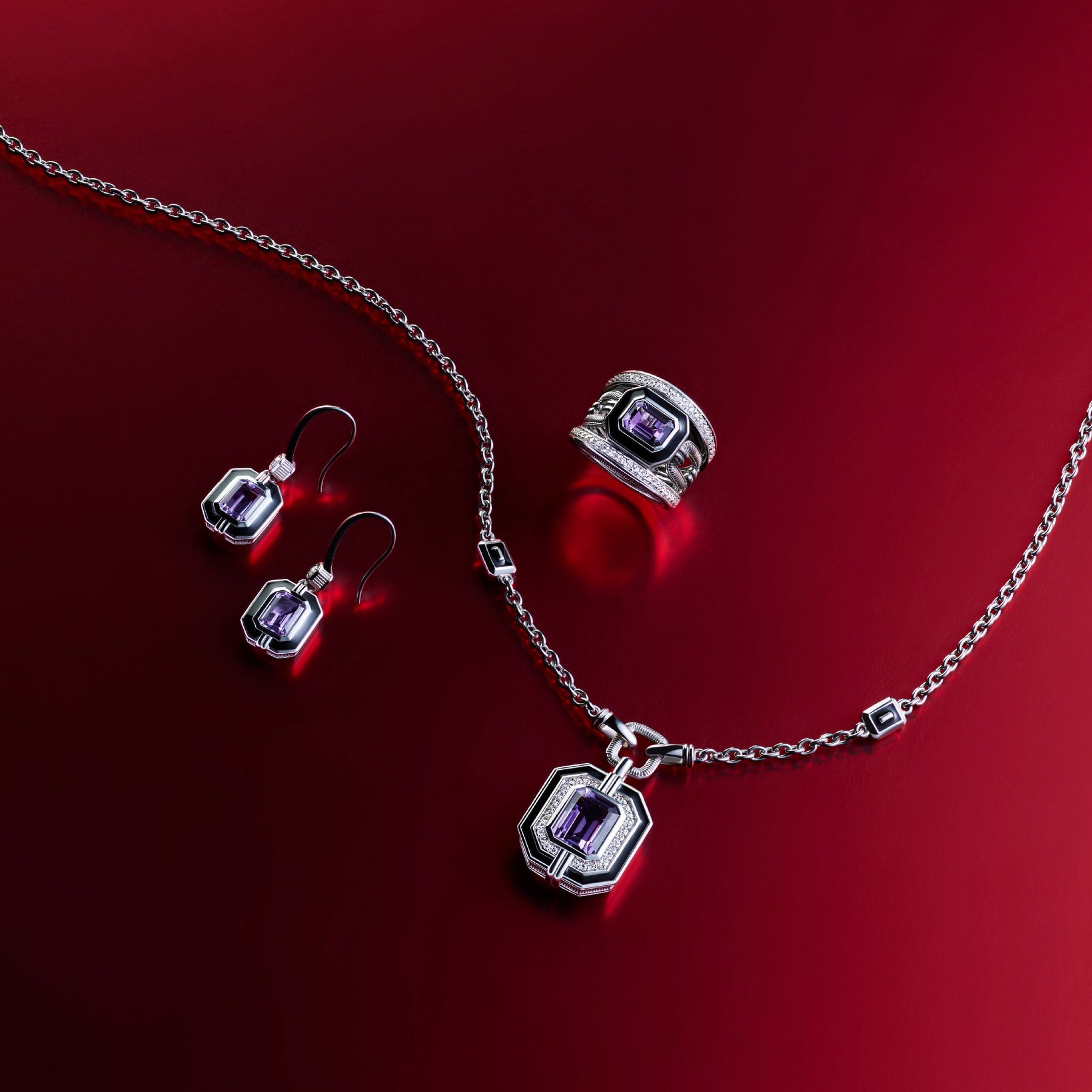 Adrienne Drop Earrings with Enamel, Amethyst and Diamonds