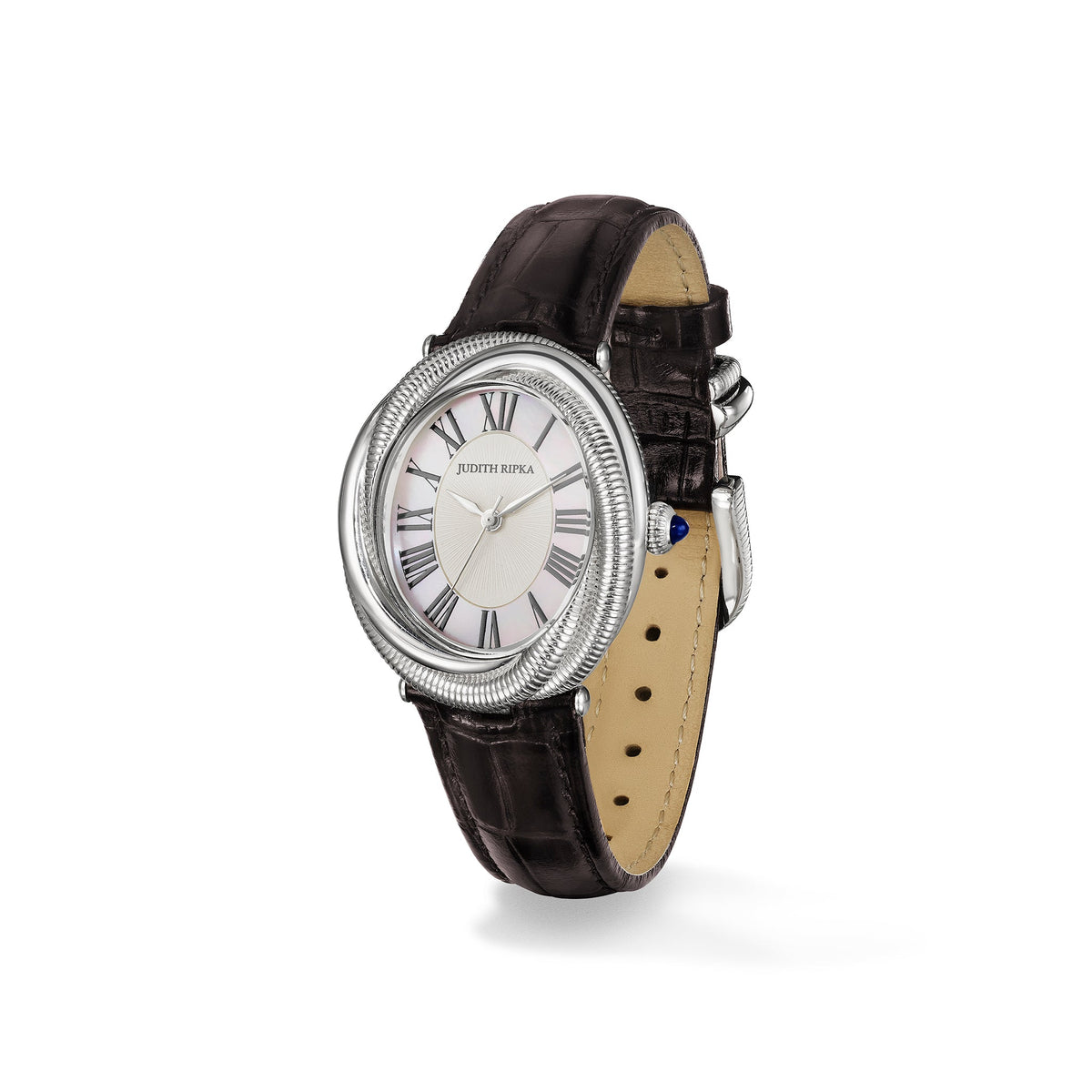 Eternity Watch with Mother of Pearl, Sapphire and Darkest Brown Genuine Crocodile Strap