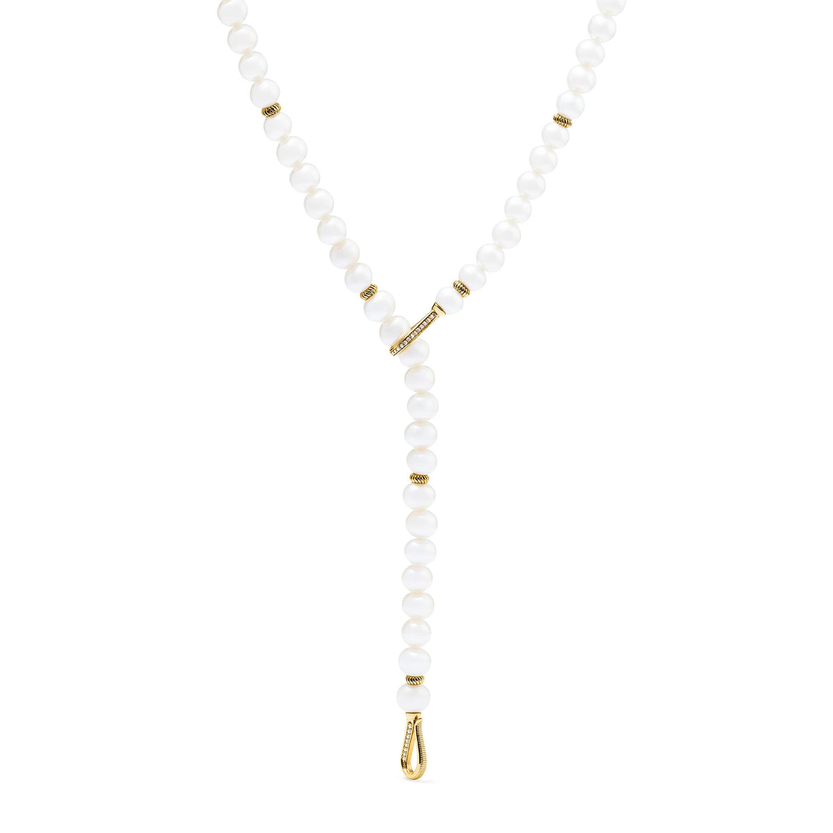 Shima Double Hook Drop Necklace with Freshwater Pearls and Diamonds in 18K