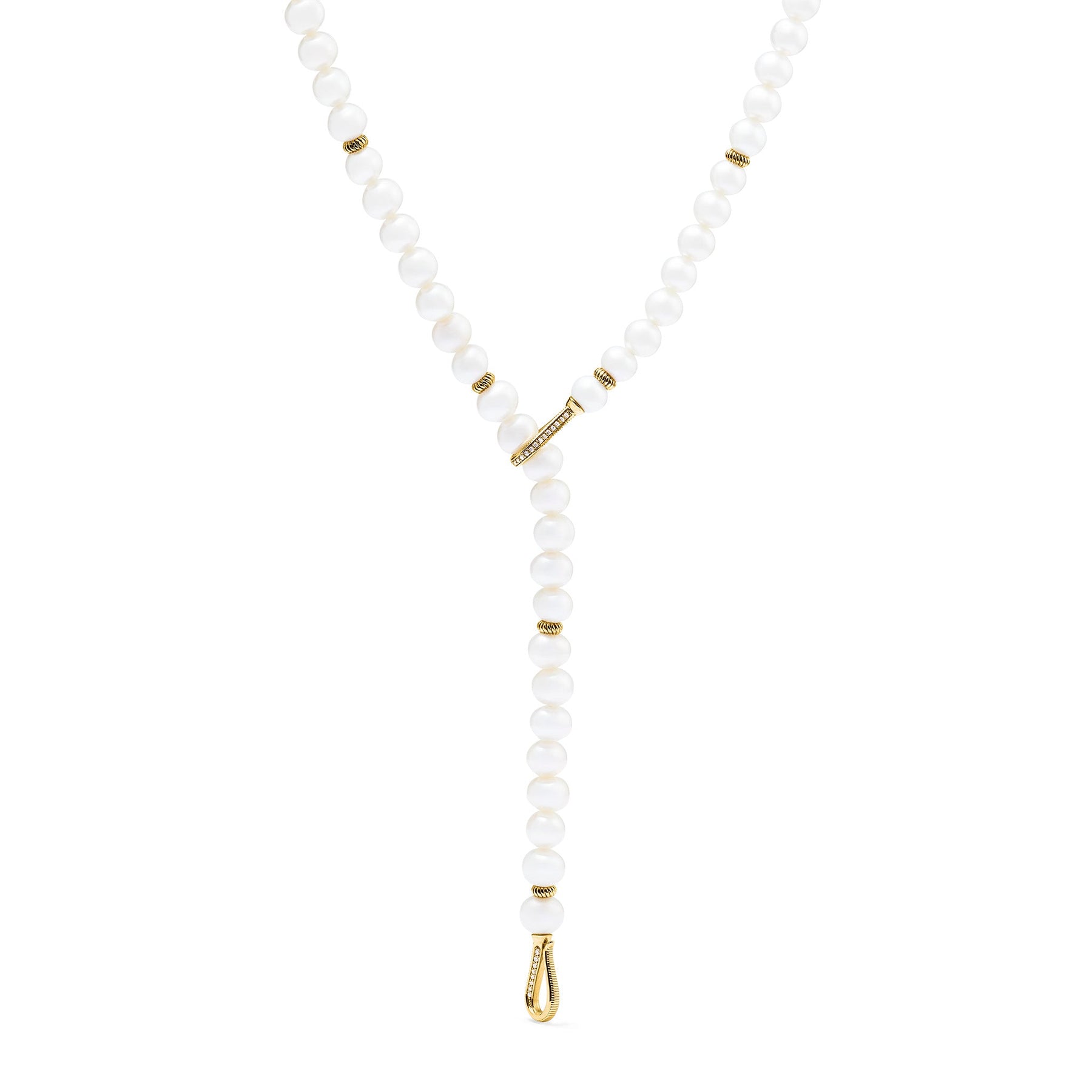 Shima Double Hook Drop Necklace with Freshwater Pearls and Diamonds in 18K