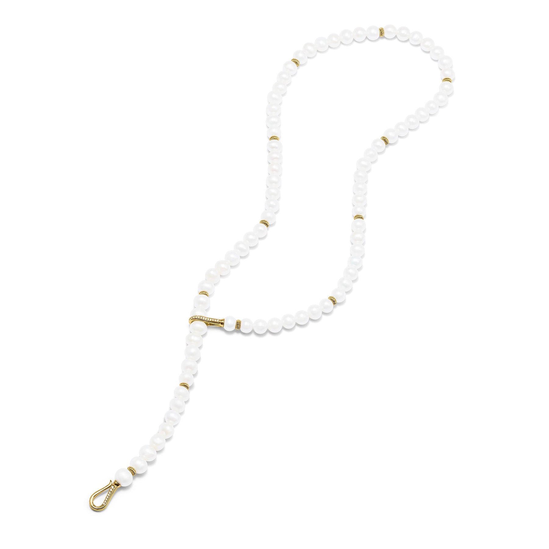 Shima Double Hook Drop Necklace with Freshwater Pearls and Diamonds in 18K