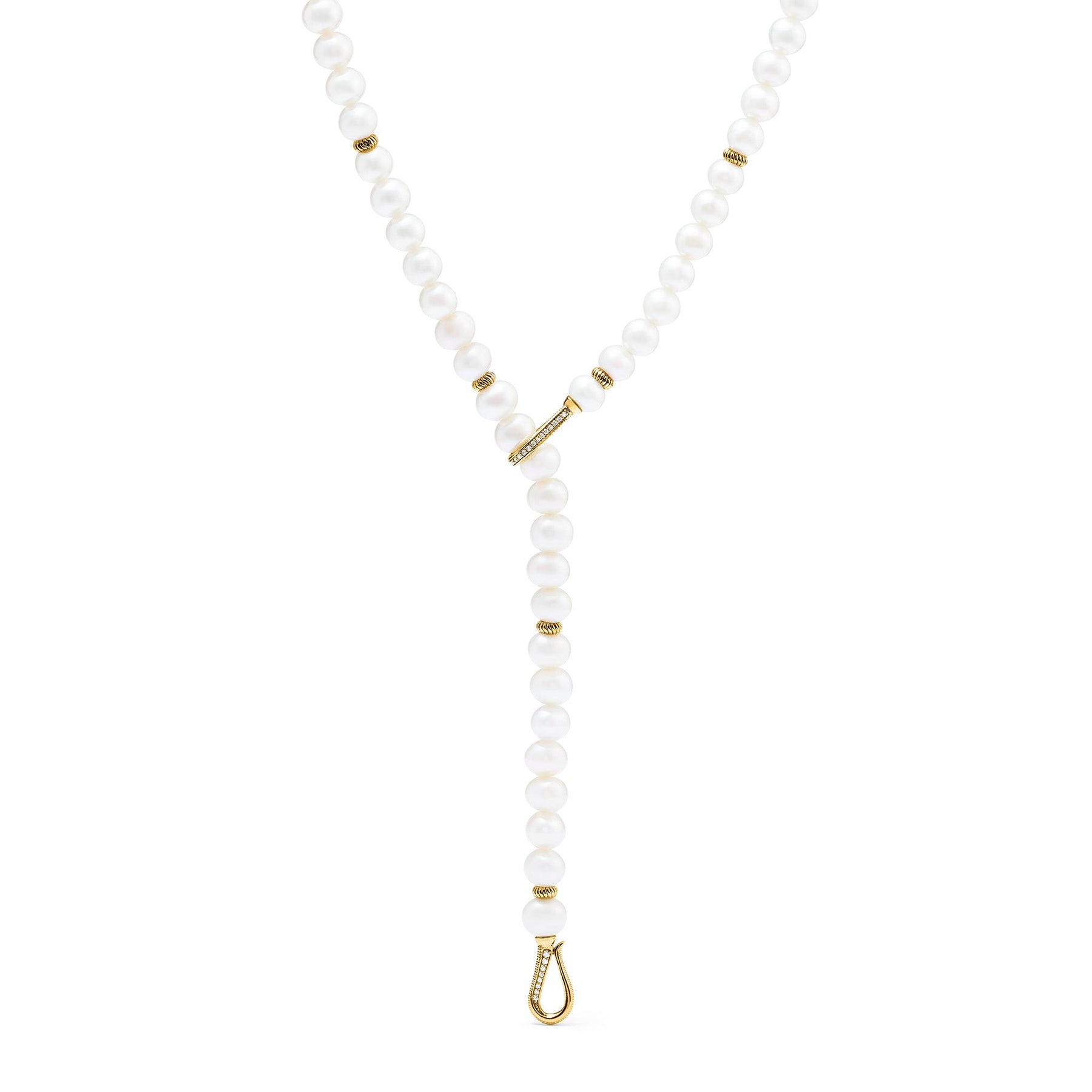 Shima Double Hook Drop Necklace with Freshwater Pearls and Diamonds in 18K