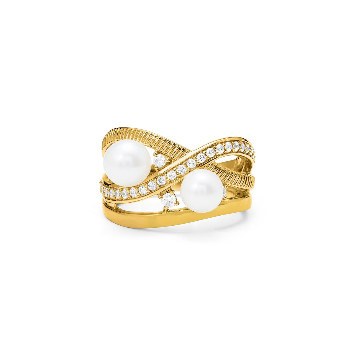Shima Band Ring with Freshwater Pearls and Diamonds in 18K