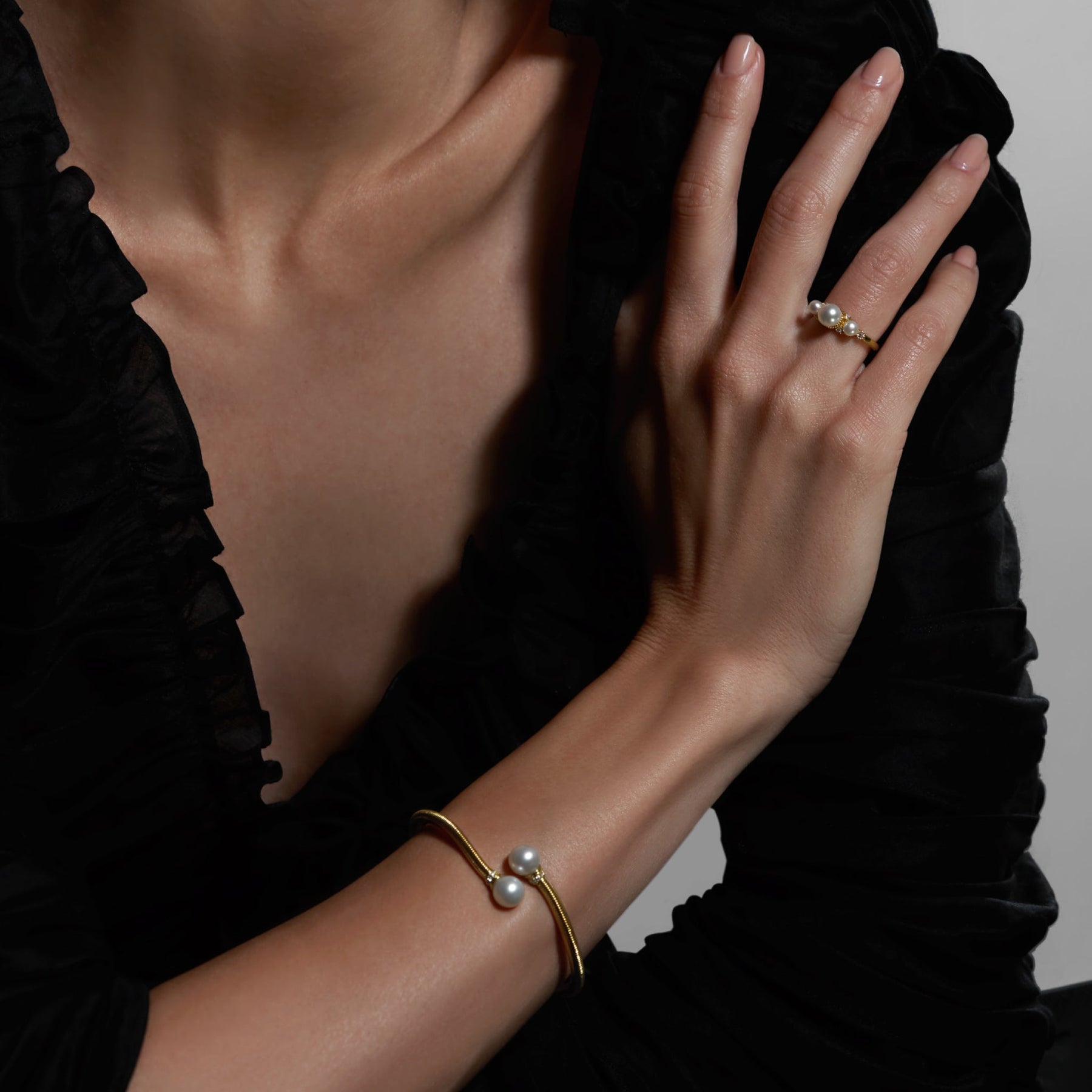 Shima Bypass Cuff with Freshwater Pearls and Diamonds in 18K